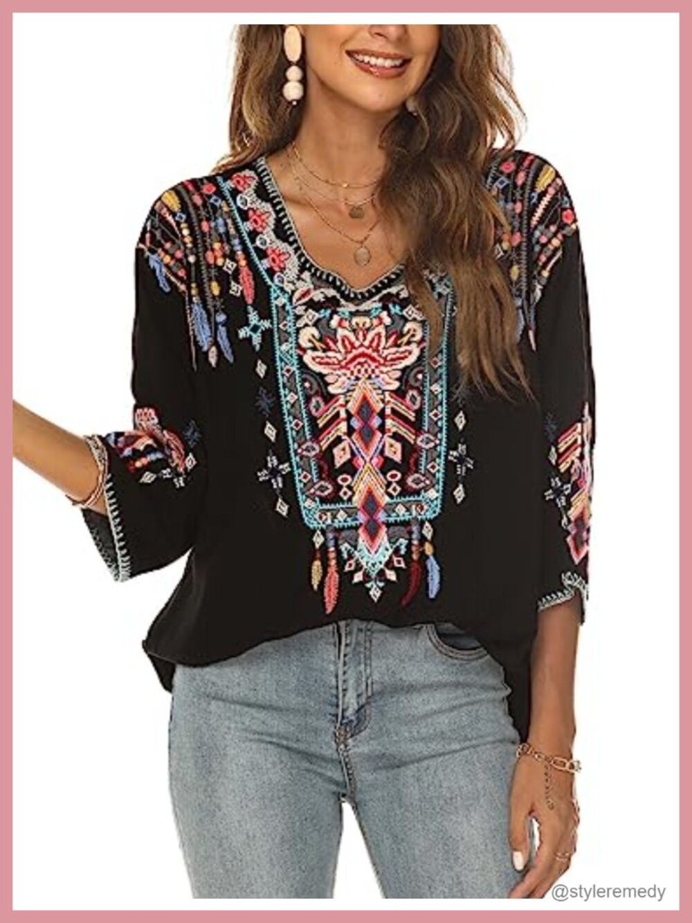Women Embroidered Boho Tunic Top 3/4 Sleeve Rayon Peasant Blouse